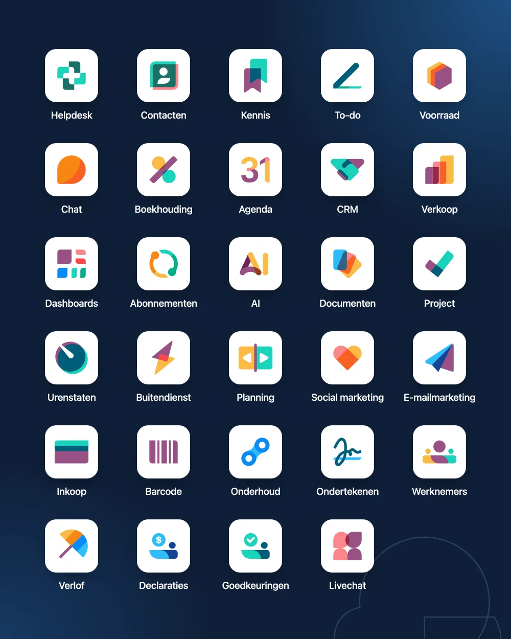 Odoo-startscherm met de officiële app-iconen, zoals Boekhouding, CRM, Verkoop, Voorraad en Planning